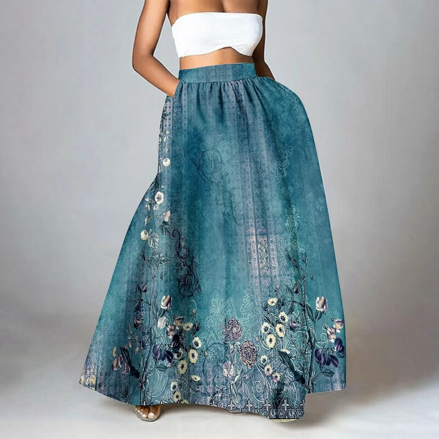 Womens Floral Print Boho Maxi Skirt Elastic High Waisted Tiered Ruffle Flowy Long Summer Beach Skirt with Pockets