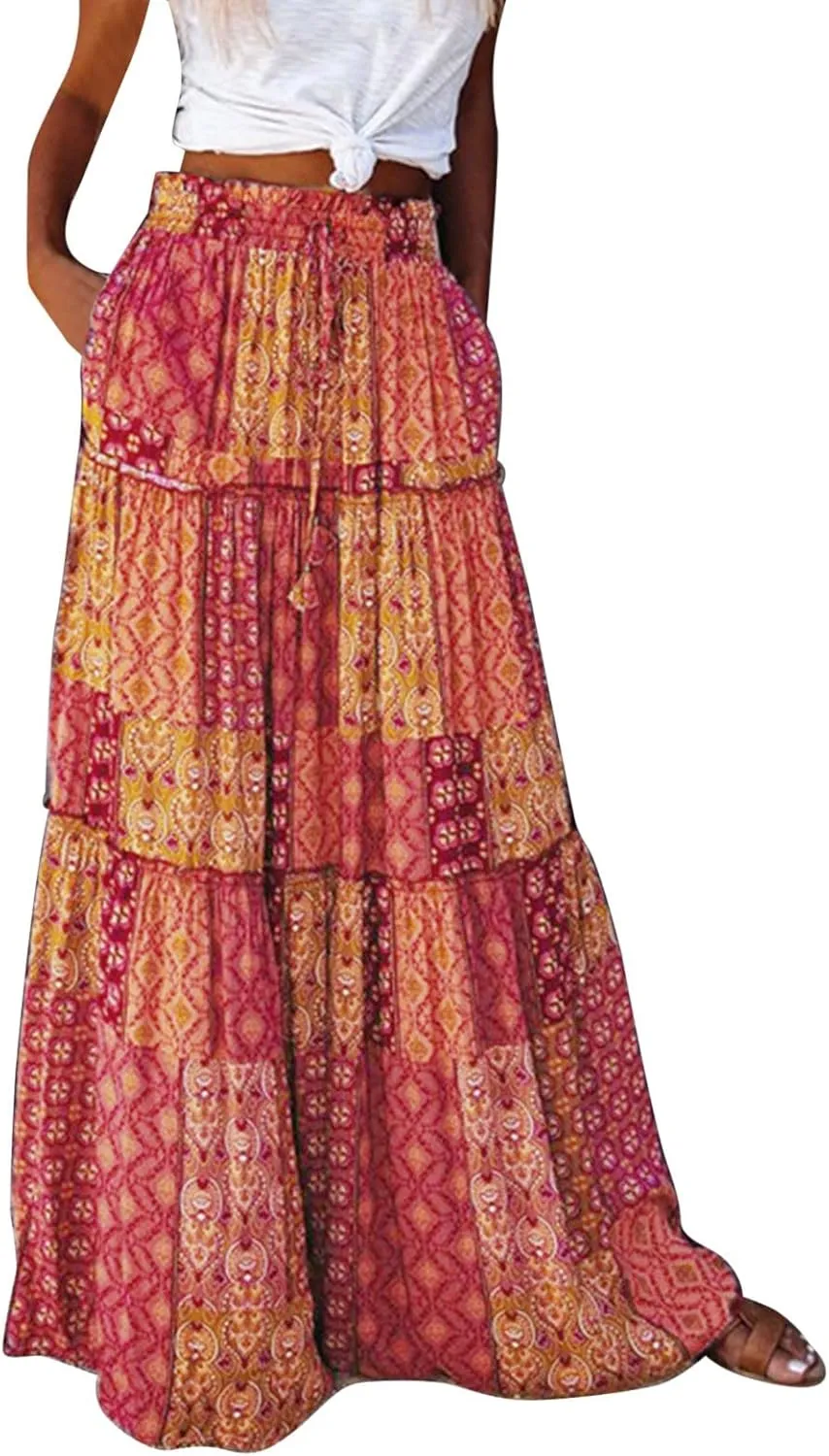 Womens Floral Print Boho Maxi Skirt Elastic High Waisted Tiered Ruffle Flowy Long Summer Beach Skirt with Pockets