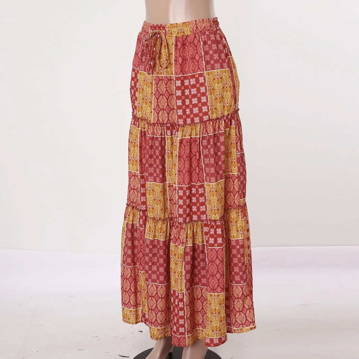Womens Floral Print Boho Maxi Skirt Elastic High Waisted Tiered Ruffle Flowy Long Summer Beach Skirt with Pockets