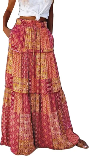 Womens Floral Print Boho Maxi Skirt Elastic High Waisted Tiered Ruffle Flowy Long Summer Beach Skirt with Pockets