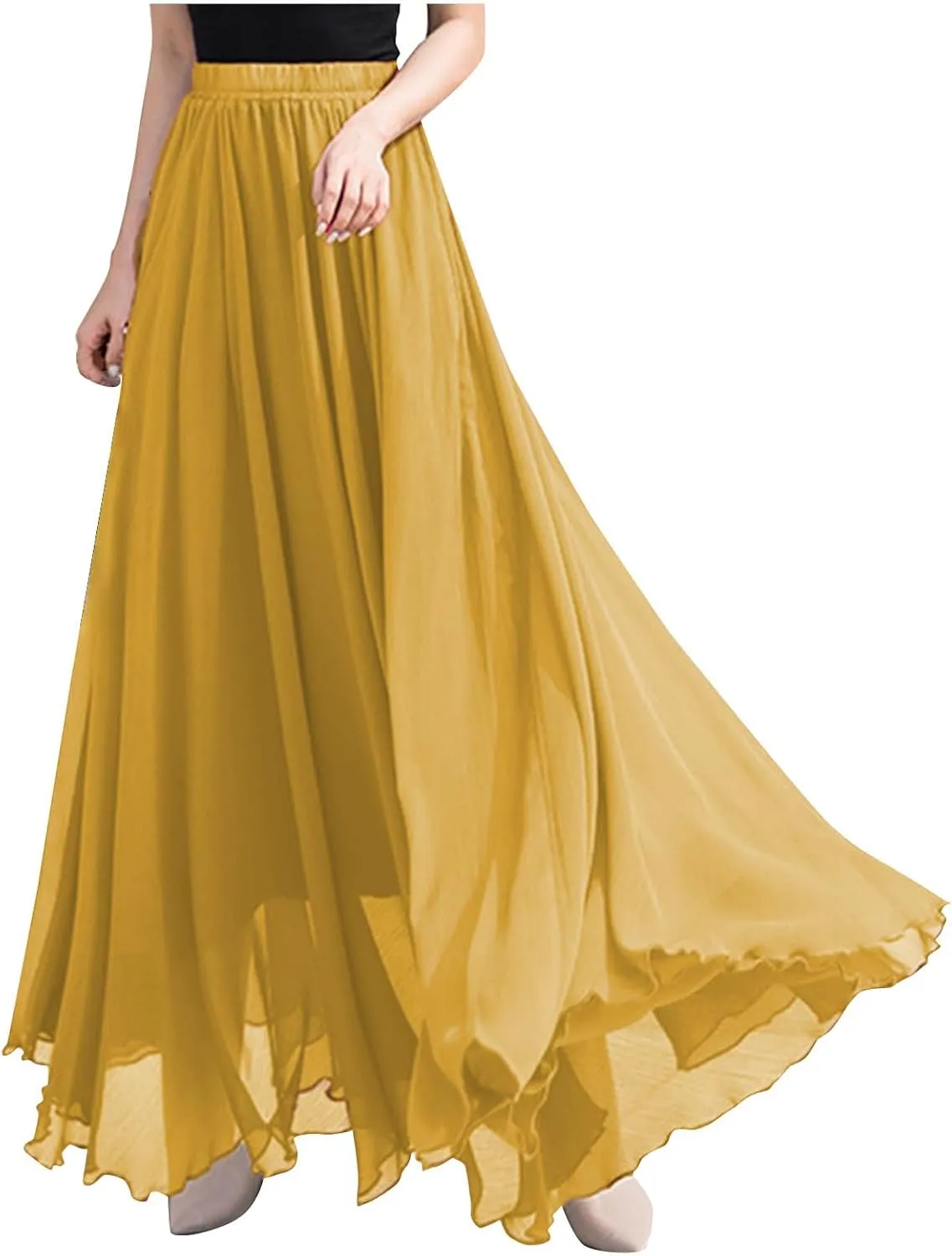 Womens Flowy Chiffon Maxi Skirts Summer Elastic High Waisted Layered Beach Skorts Solid Color Fashion Elegant Skirt
