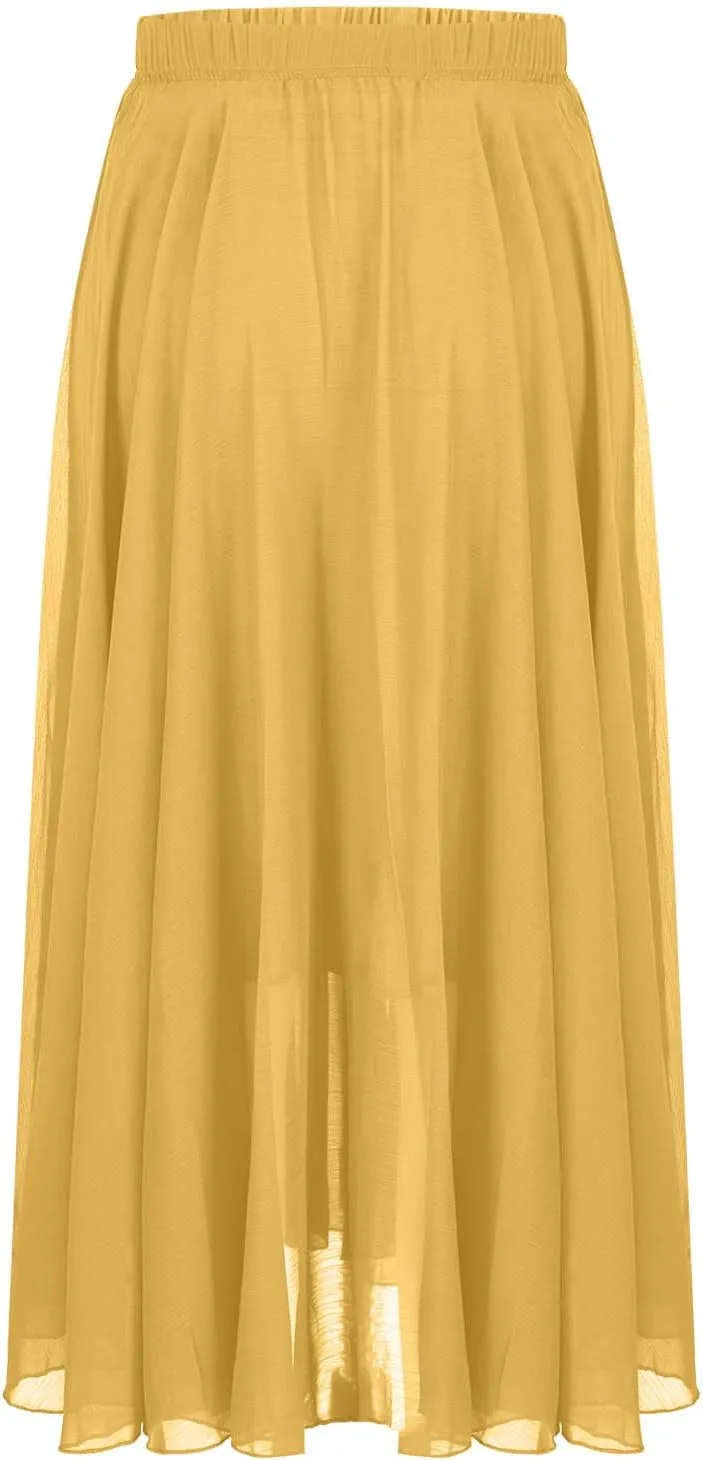 Womens Flowy Chiffon Maxi Skirts Summer Elastic High Waisted Layered Beach Skorts Solid Color Fashion Elegant Skirt