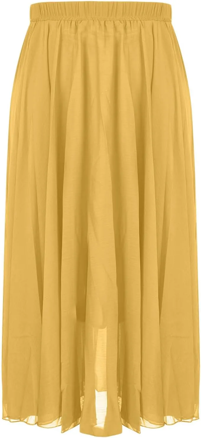 Womens Flowy Chiffon Maxi Skirts Summer Elastic High Waisted Layered Beach Skorts Solid Color Fashion Elegant Skirt