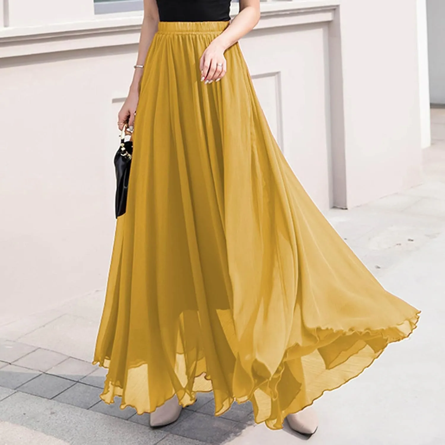 Womens Flowy Chiffon Maxi Skirts Summer Elastic High Waisted Layered Beach Skorts Solid Color Fashion Elegant Skirt