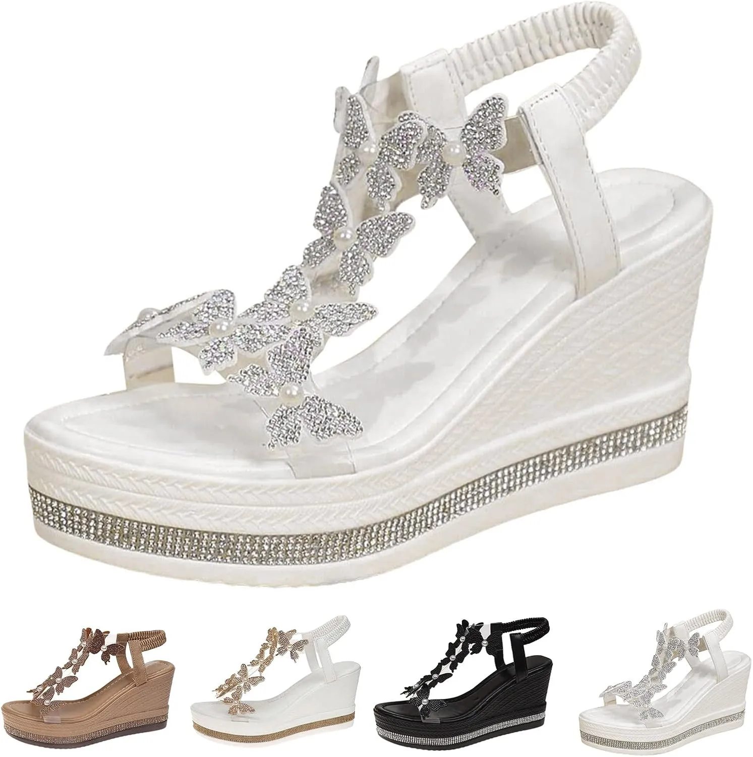 Women's High Heel Wedge Sandals Fashionable Butterfly Decoration Slides Elegant Rhinestone Sandal Thick Soled Open Toe T Strap Shoes Boho Summer Beach Sandal