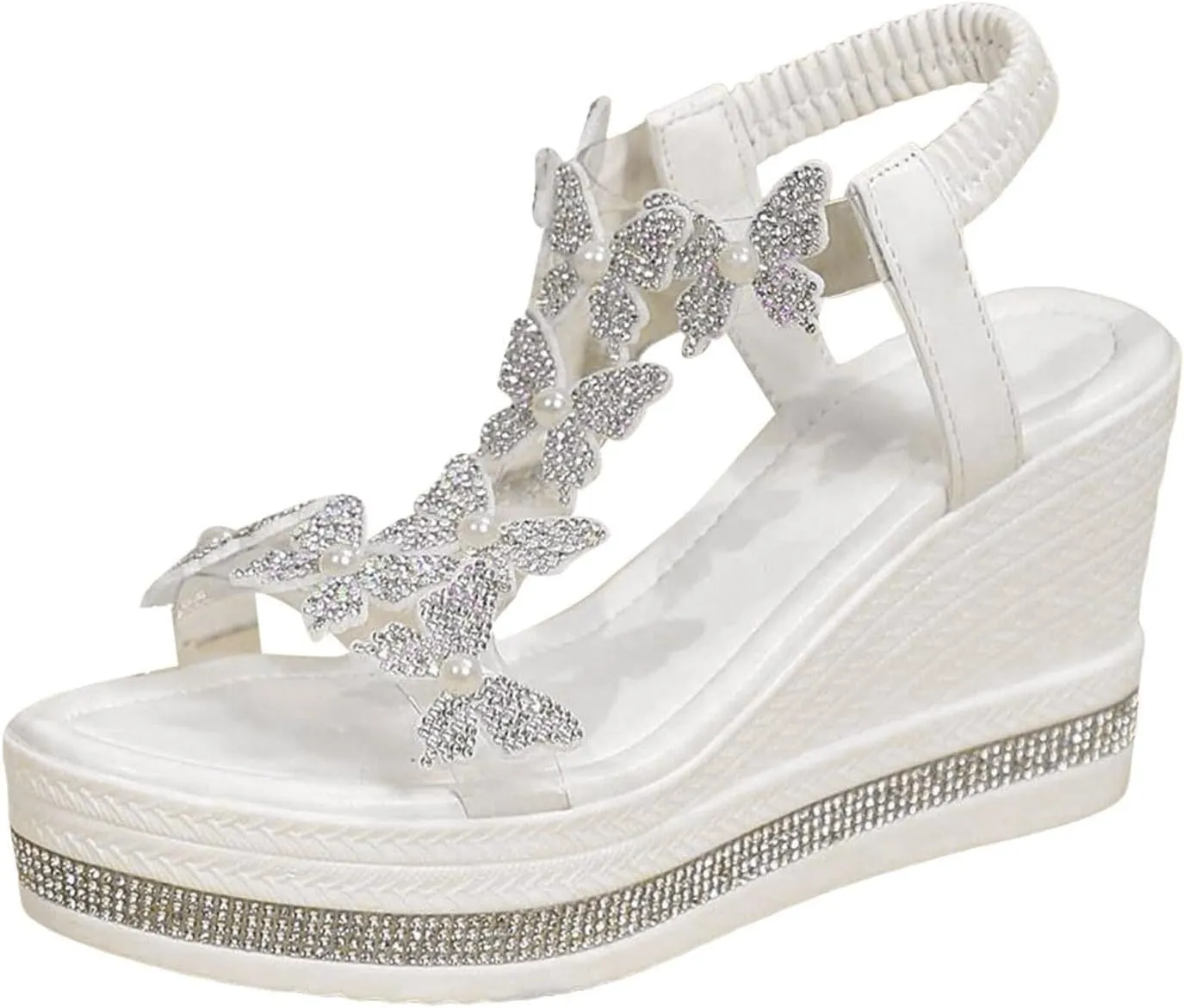 Women's High Heel Wedge Sandals Fashionable Butterfly Decoration Slides Elegant Rhinestone Sandal Thick Soled Open Toe T Strap Shoes Boho Summer Beach Sandal
