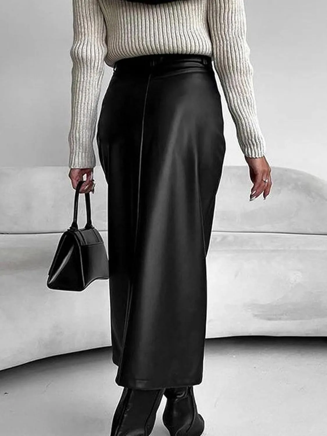 Women's High Waisted Faux Leather Skirt Sexy Bodycon Front Split Pencil Slim Fit Midi Long Skirts