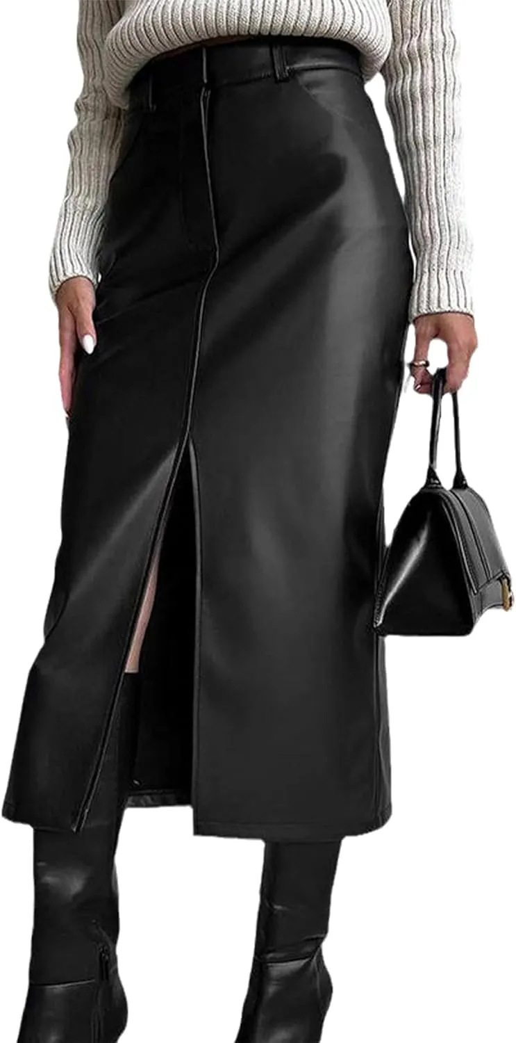 Women's High Waisted Faux Leather Skirt Sexy Bodycon Front Split Pencil Slim Fit Midi Long Skirts