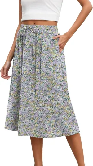Women's High Waisted Skirts Drawstring Flowy Baggy Wide Leg Skirt Elastic Waisted Mid Length Casual Comfortable Skorts