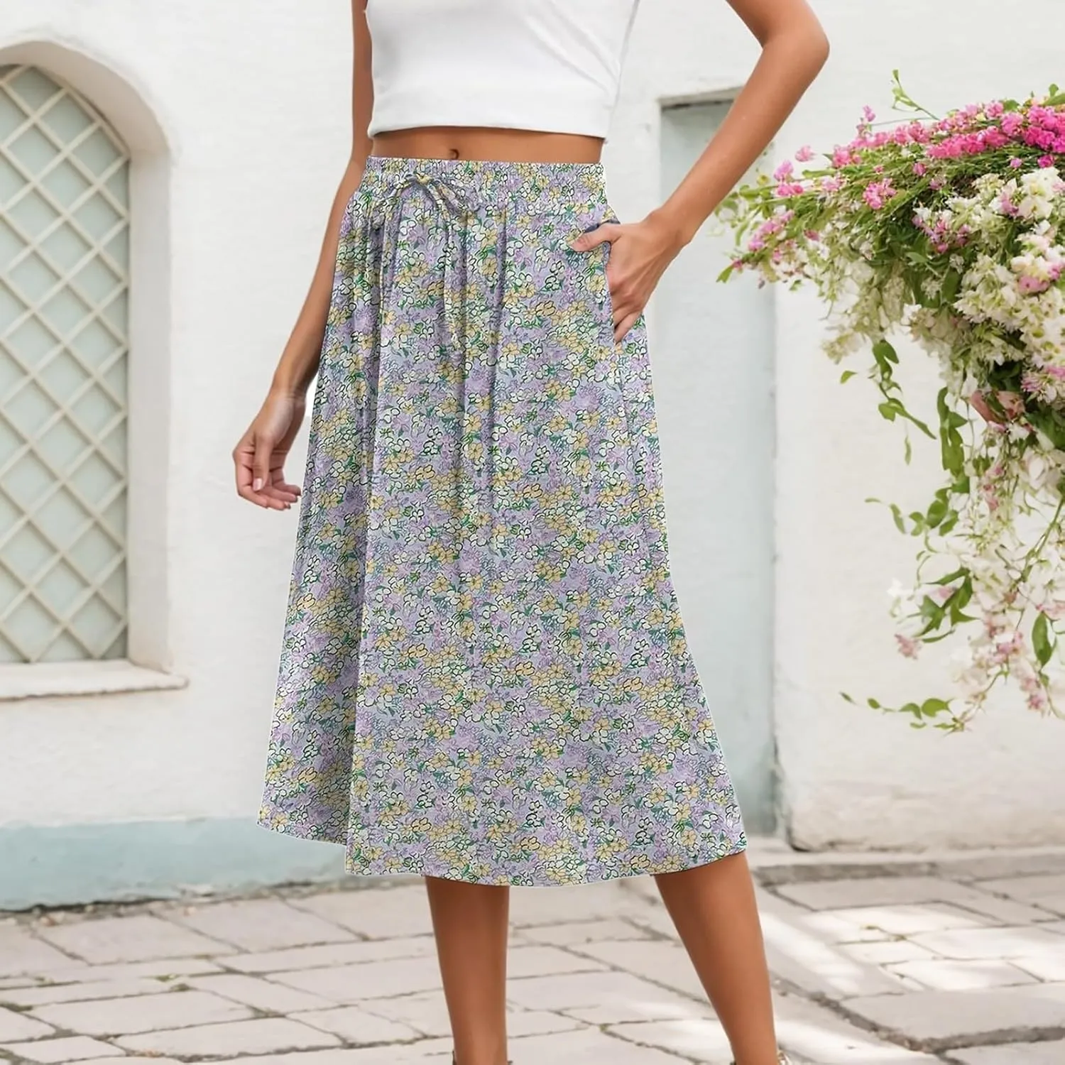 Women's High Waisted Skirts Drawstring Flowy Baggy Wide Leg Skirt Elastic Waisted Mid Length Casual Comfortable Skorts