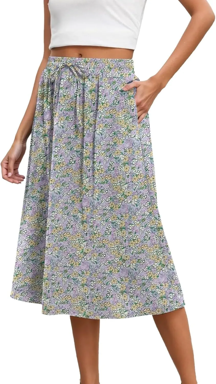 Women's High Waisted Skirts Drawstring Flowy Baggy Wide Leg Skirt Elastic Waisted Mid Length Casual Comfortable Skorts