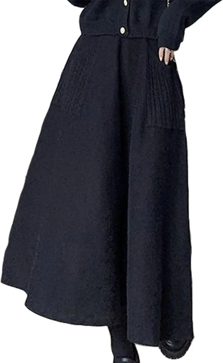 Womens Knit Midi Skirt with Pockets Elastic High Waist Pleated Skirt Fall Winter Long A Line Skirt