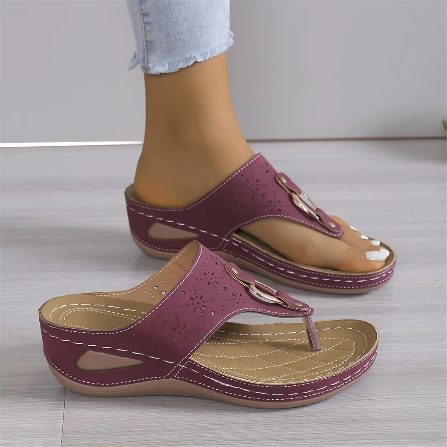 Women's Leather Orthopedic Sandals Breathable Mesh Sports Flip Flops Arch Support Slippers Beach Walking Sandals
