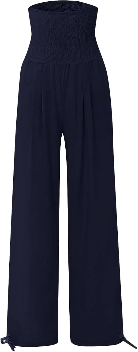 Womens Linen Pants Casual Loose Wide Leg Pants for Women Elastic Waist Palazzo Pants Trousers with Pockets