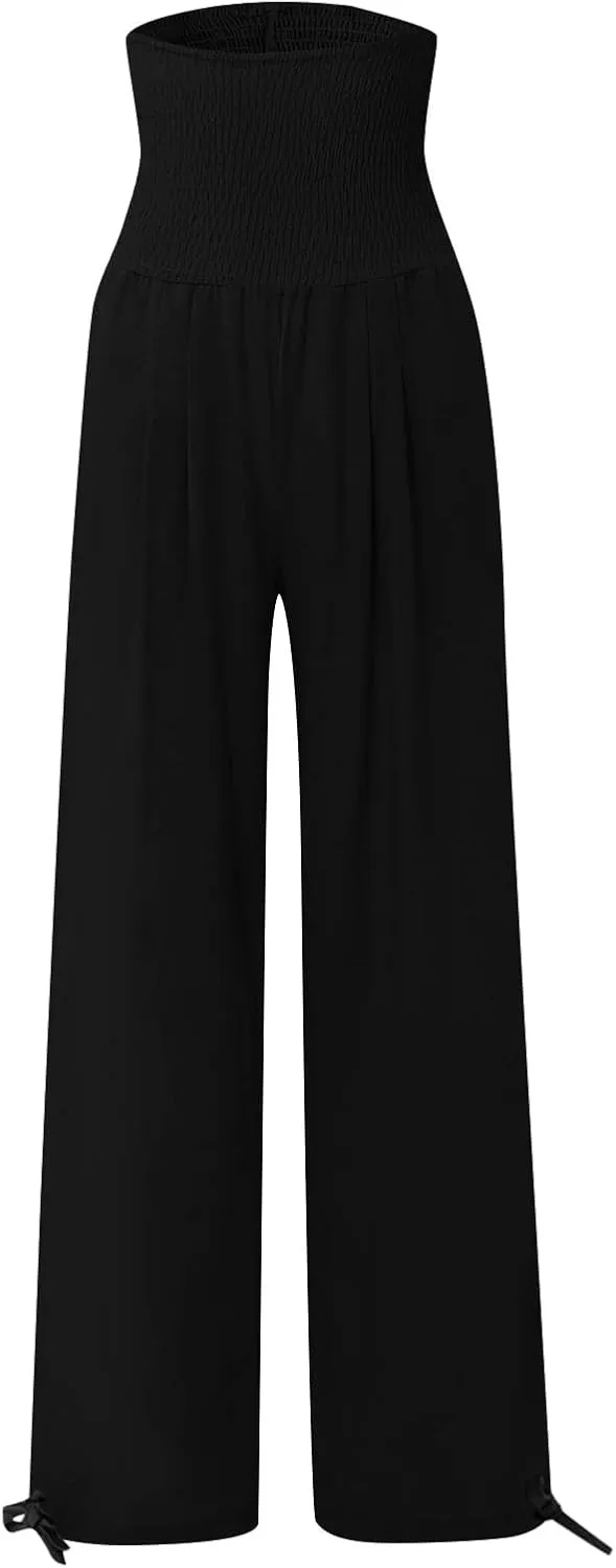Womens Linen Pants Casual Loose Wide Leg Pants for Women Elastic Waist Palazzo Pants Trousers with Pockets