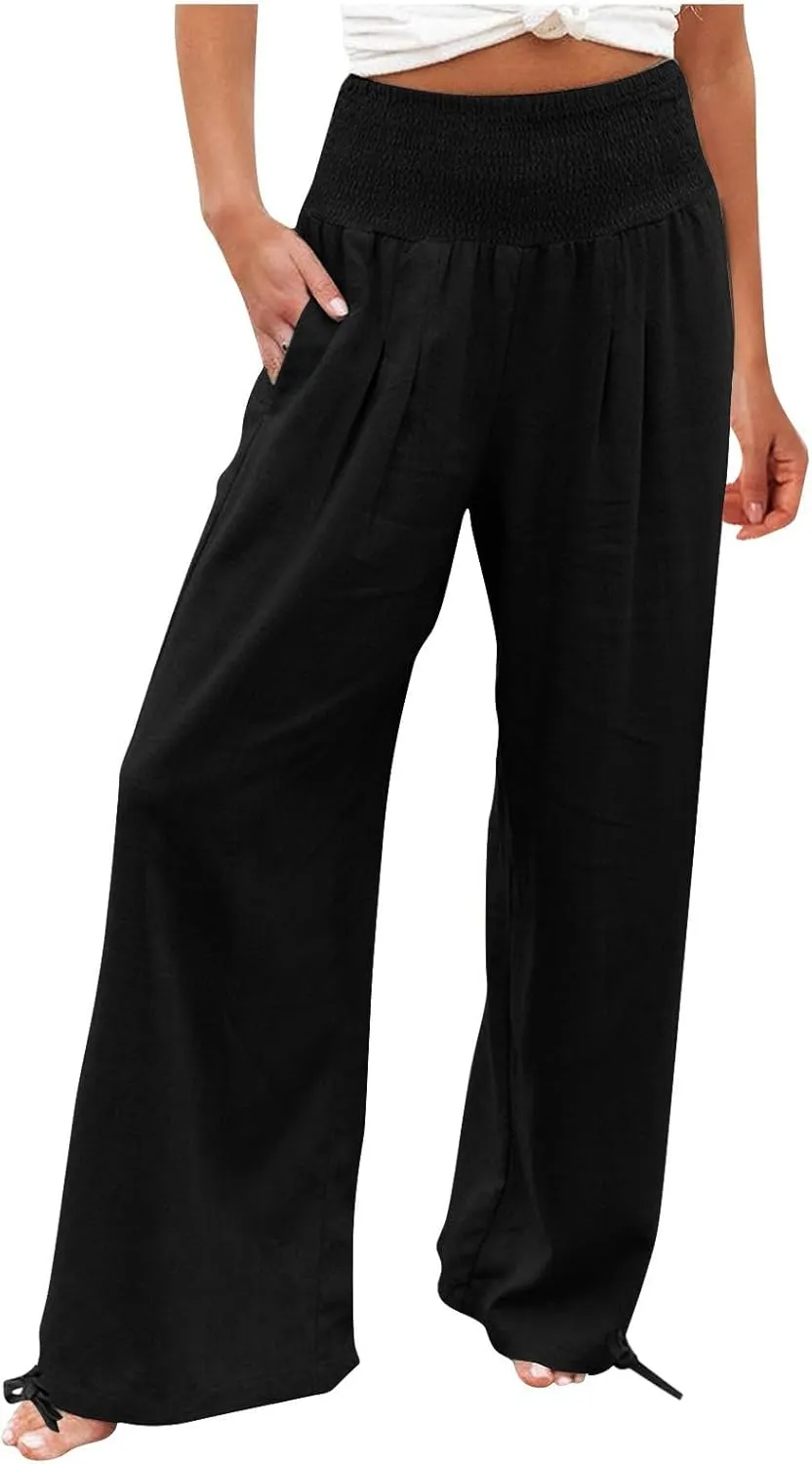 Womens Linen Pants Casual Loose Wide Leg Pants for Women Elastic Waist Palazzo Pants Trousers with Pockets