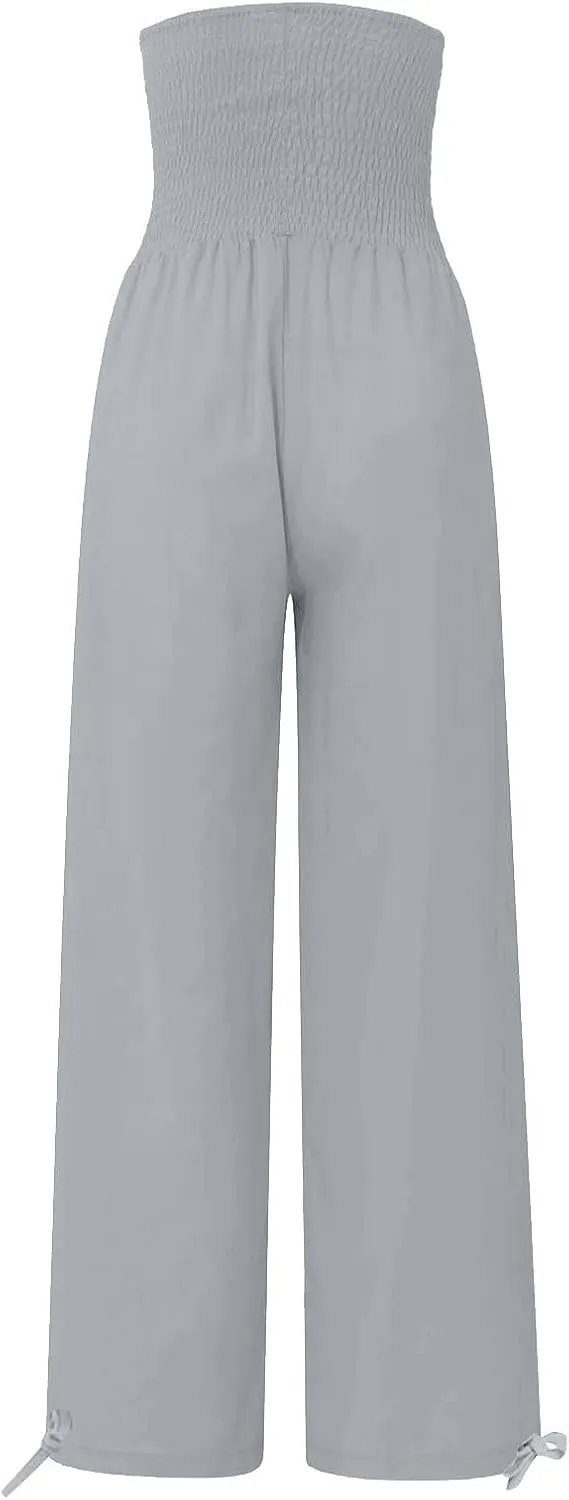 Womens Linen Pants Casual Loose Wide Leg Pants for Women Elastic Waist Palazzo Pants Trousers with Pockets