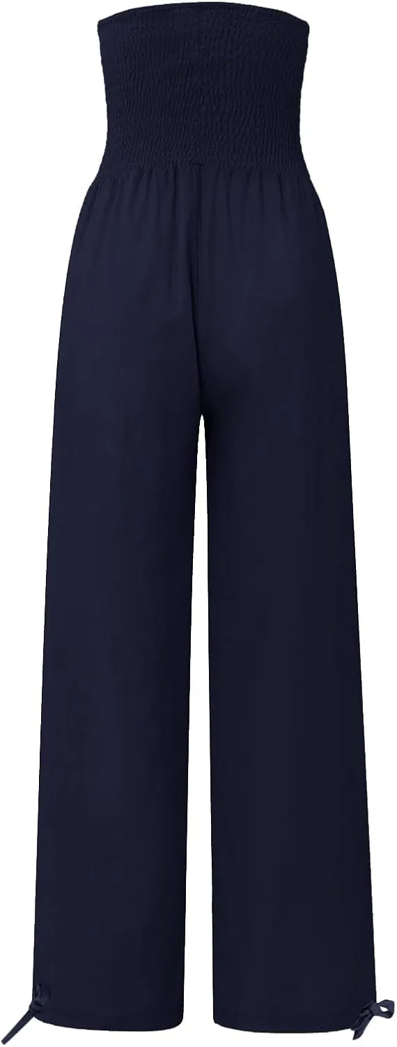 Womens Linen Pants Casual Loose Wide Leg Pants for Women Elastic Waist Palazzo Pants Trousers with Pockets