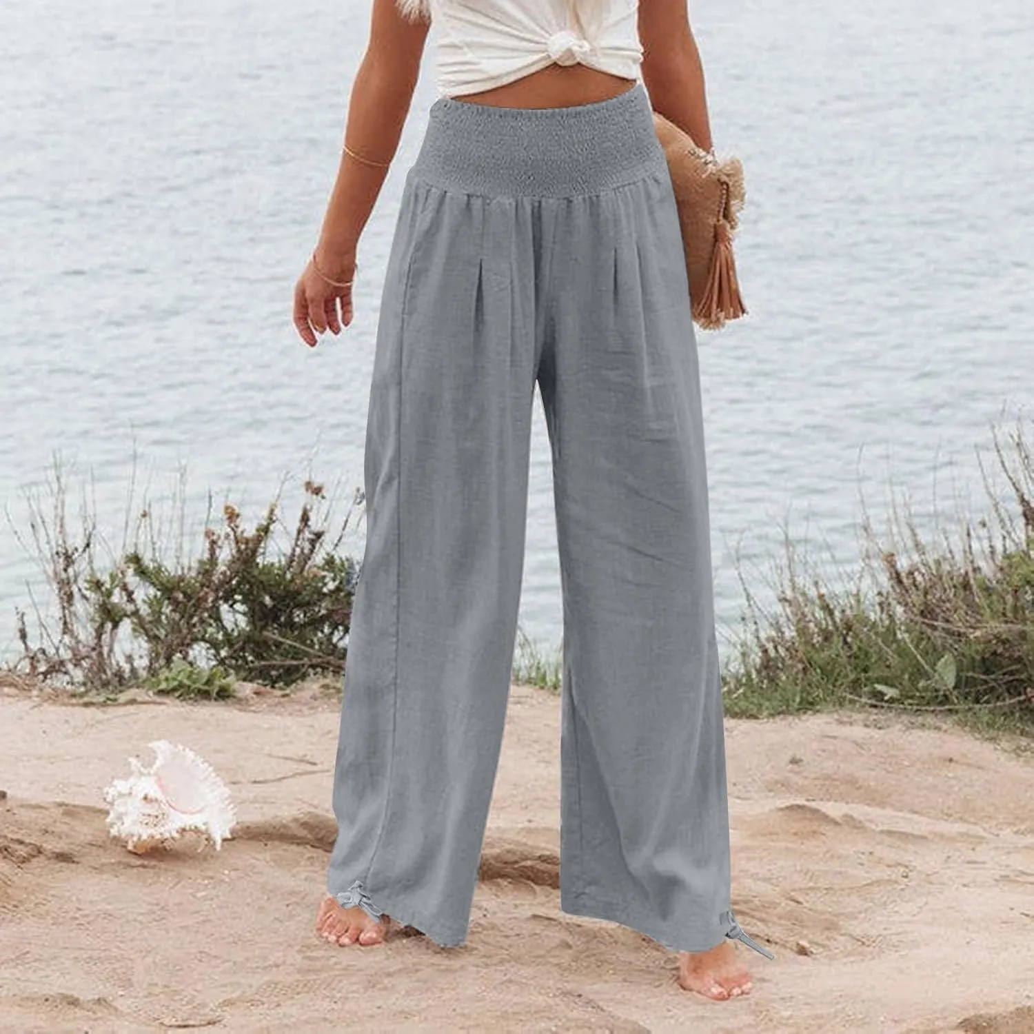 Womens Linen Pants Casual Loose Wide Leg Pants for Women Elastic Waist Palazzo Pants Trousers with Pockets
