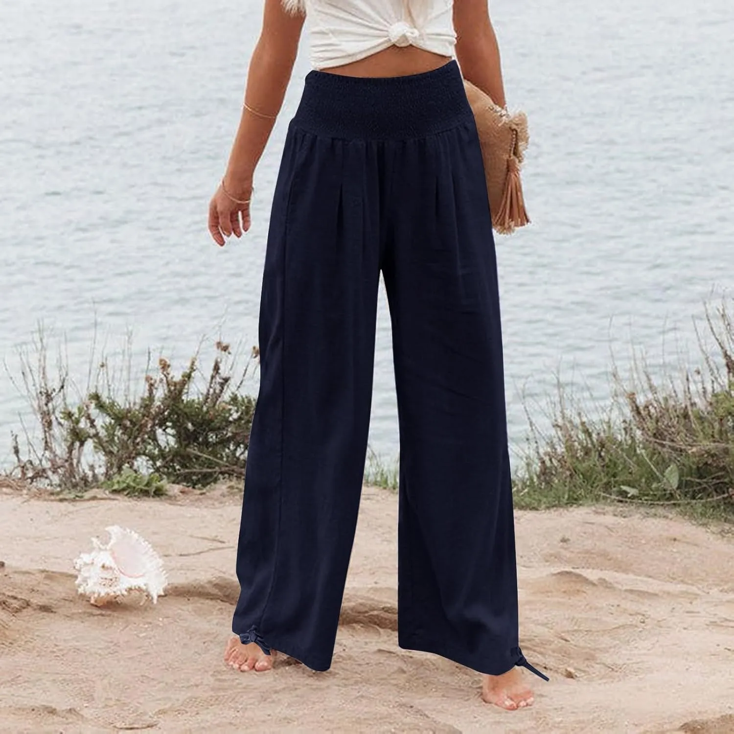Womens Linen Pants Casual Loose Wide Leg Pants for Women Elastic Waist Palazzo Pants Trousers with Pockets