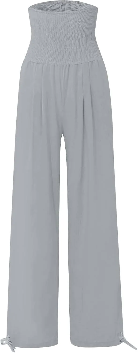 Womens Linen Pants Casual Loose Wide Leg Pants for Women Elastic Waist Palazzo Pants Trousers with Pockets