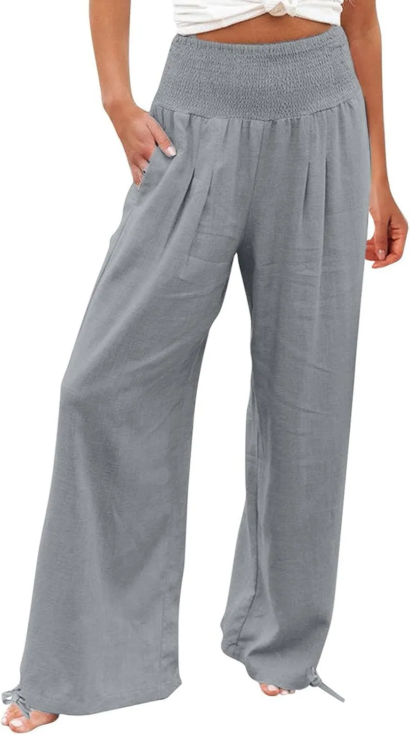 Womens Linen Pants Casual Loose Wide Leg Pants for Women Elastic Waist Palazzo Pants Trousers with Pockets