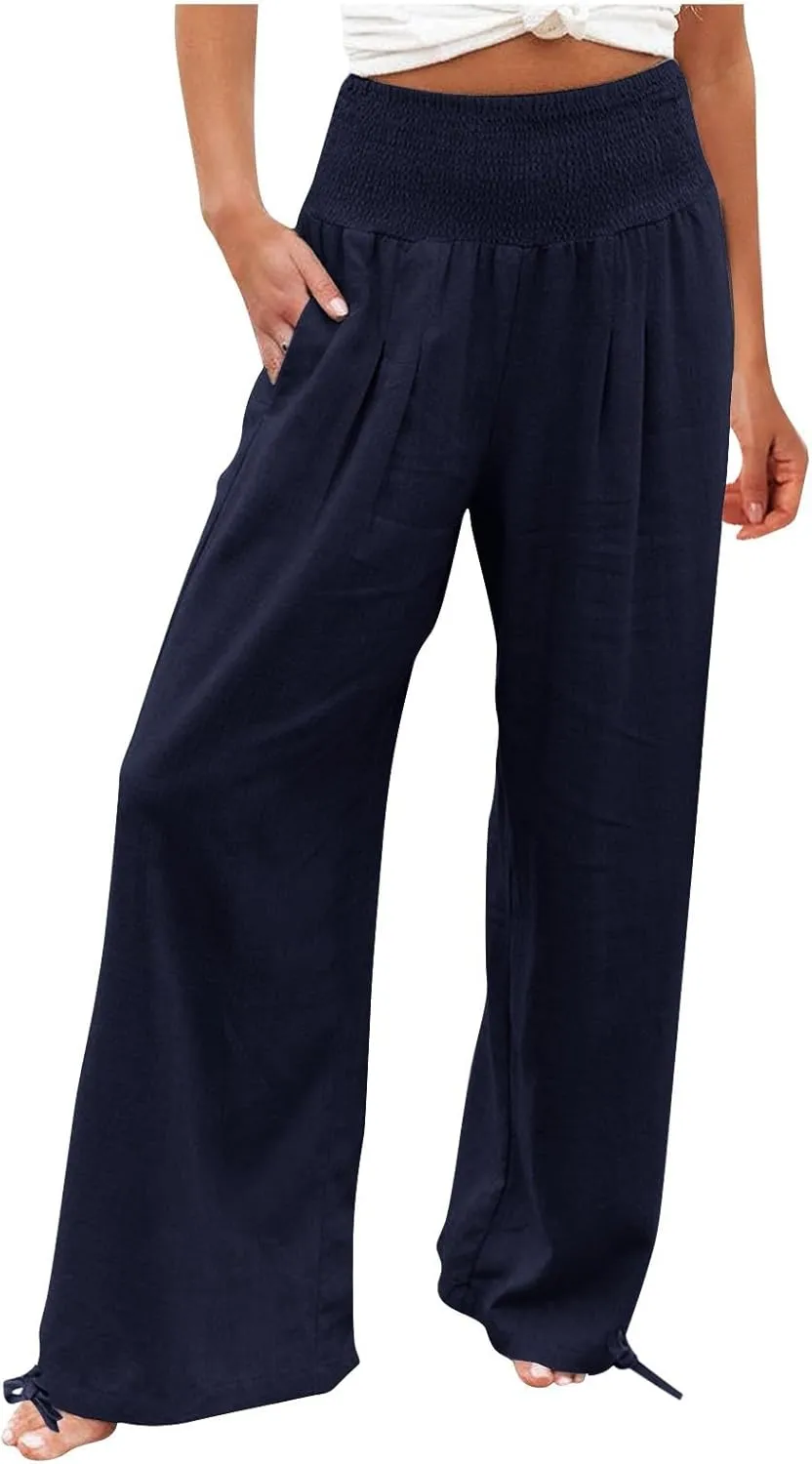Womens Linen Pants Casual Loose Wide Leg Pants for Women Elastic Waist Palazzo Pants Trousers with Pockets