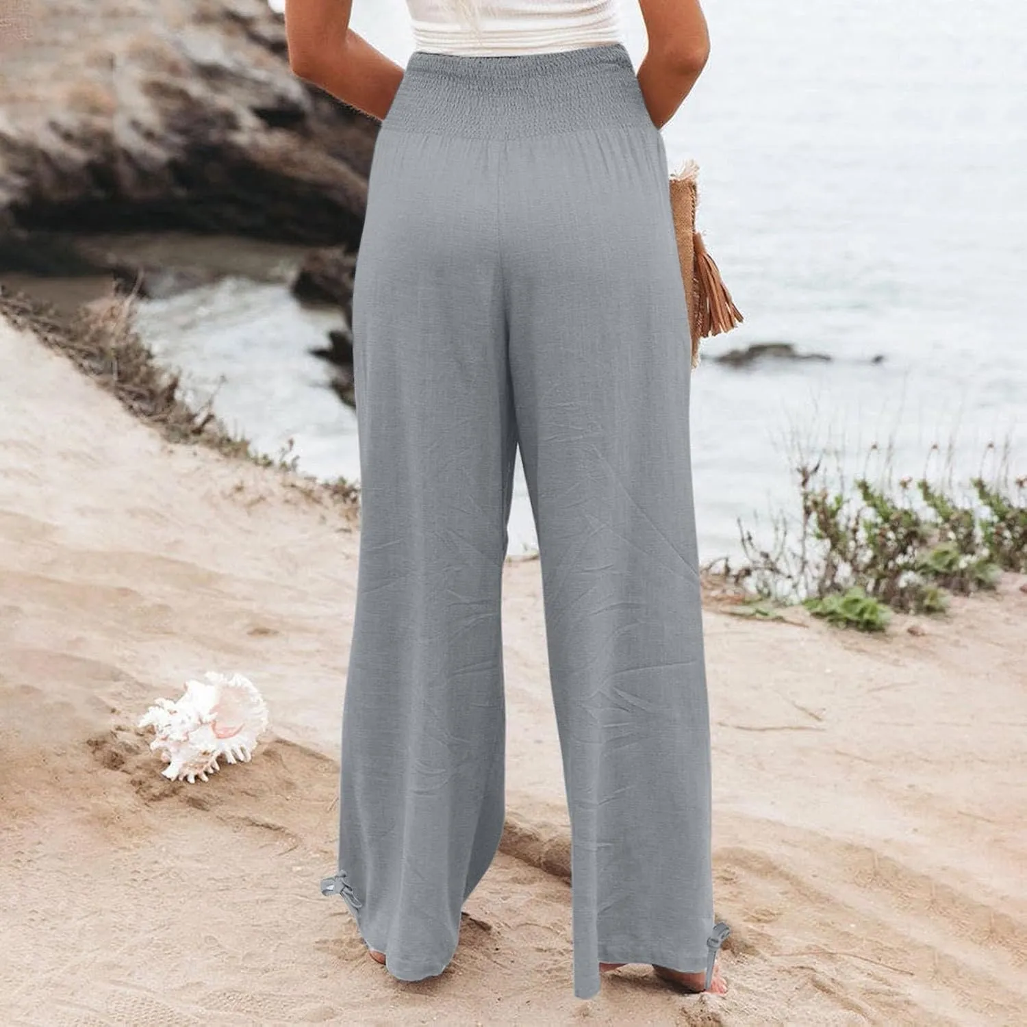 Womens Linen Pants Casual Loose Wide Leg Pants for Women Elastic Waist Palazzo Pants Trousers with Pockets