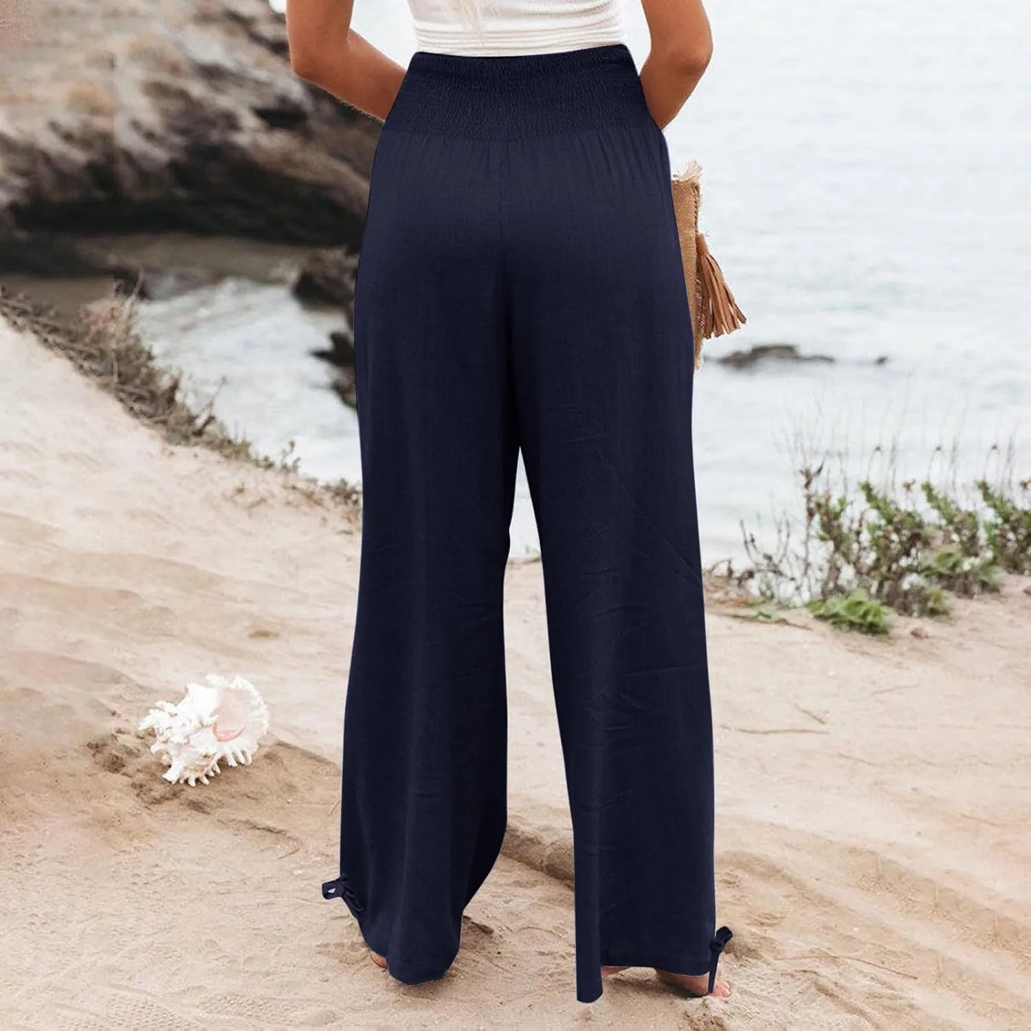 Womens Linen Pants Casual Loose Wide Leg Pants for Women Elastic Waist Palazzo Pants Trousers with Pockets