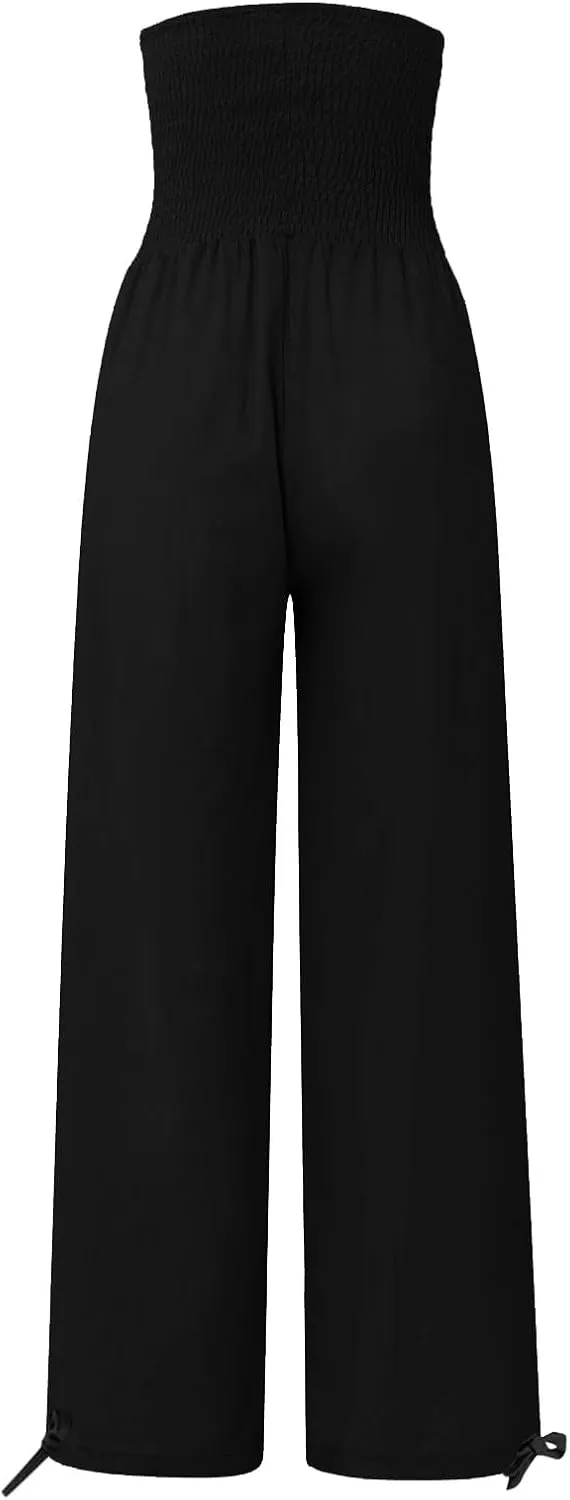 Womens Linen Pants Casual Loose Wide Leg Pants for Women Elastic Waist Palazzo Pants Trousers with Pockets