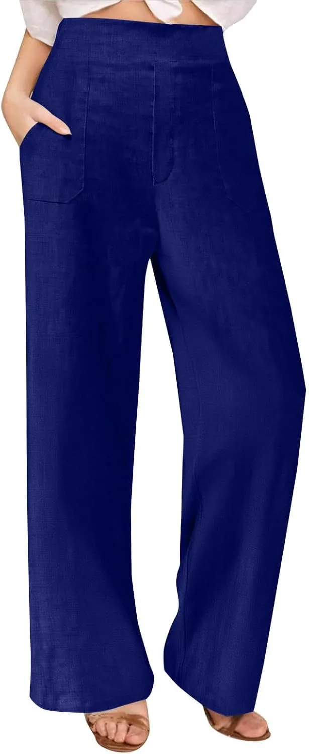 Womens Linen Pants Casual Loose Wide Leg Pants Summer Boho Elastic Waist Palazzo Pants Trousers with Pockets
