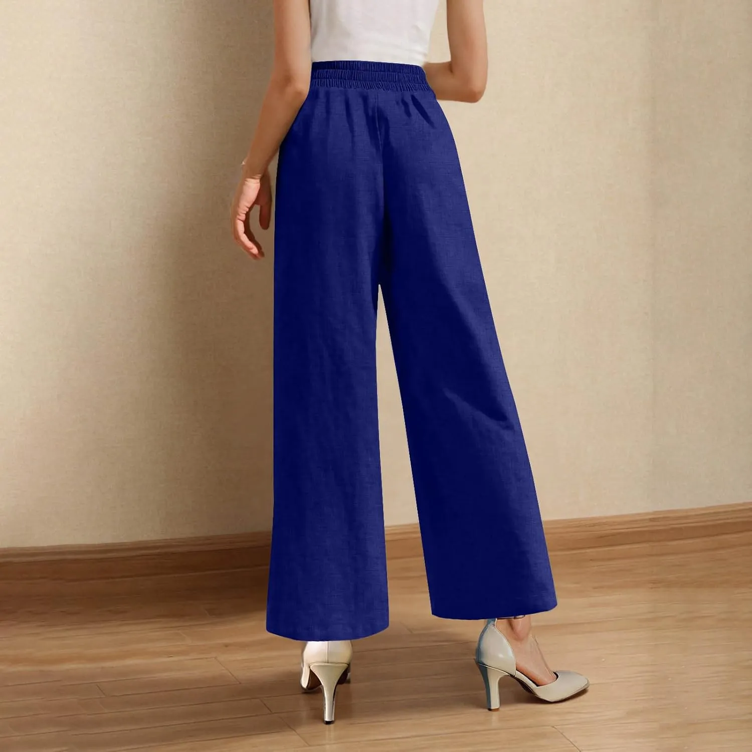 Womens Linen Pants Casual Loose Wide Leg Pants Summer Boho Elastic Waist Palazzo Pants Trousers with Pockets