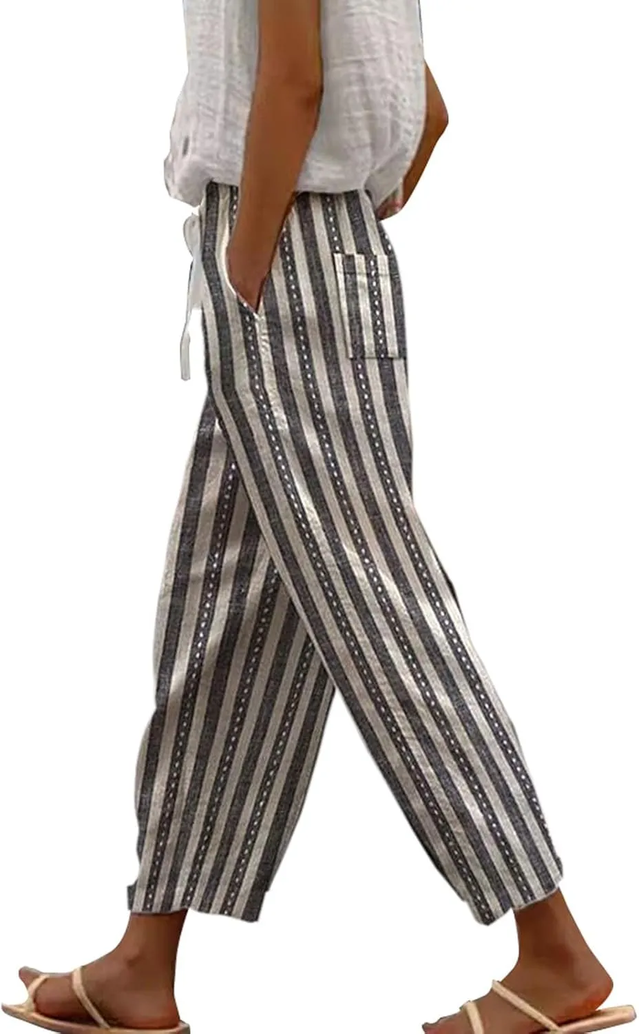 Womens Linen Pants Summer Plus Size Elastic Waisted Casual Capri Pants Side Button Drawstring Loose Cropped Pants