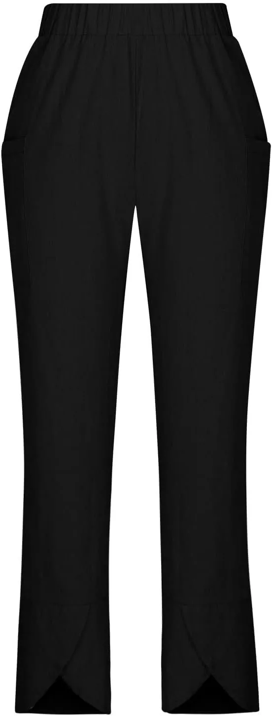 Womens Linen Pants Wide Leg Elastic High Waisted Casual Loose Pants with Pockets Tulip Hem Trousers Yoga Lounge Pant