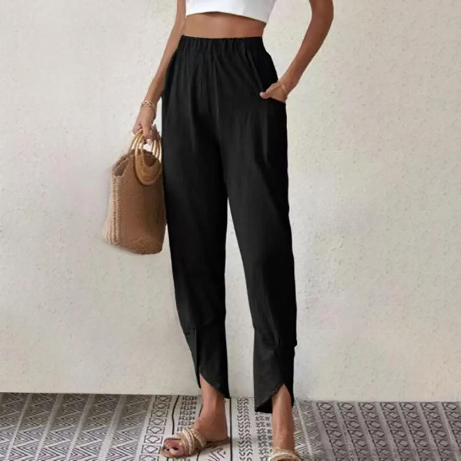 Womens Linen Pants Wide Leg Elastic High Waisted Casual Loose Pants with Pockets Tulip Hem Trousers Yoga Lounge Pant