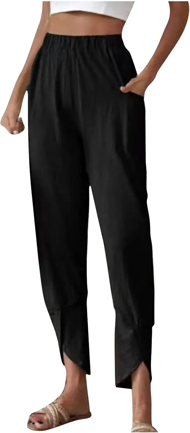 Womens Linen Pants Wide Leg Elastic High Waisted Casual Loose Pants with Pockets Tulip Hem Trousers Yoga Lounge Pant