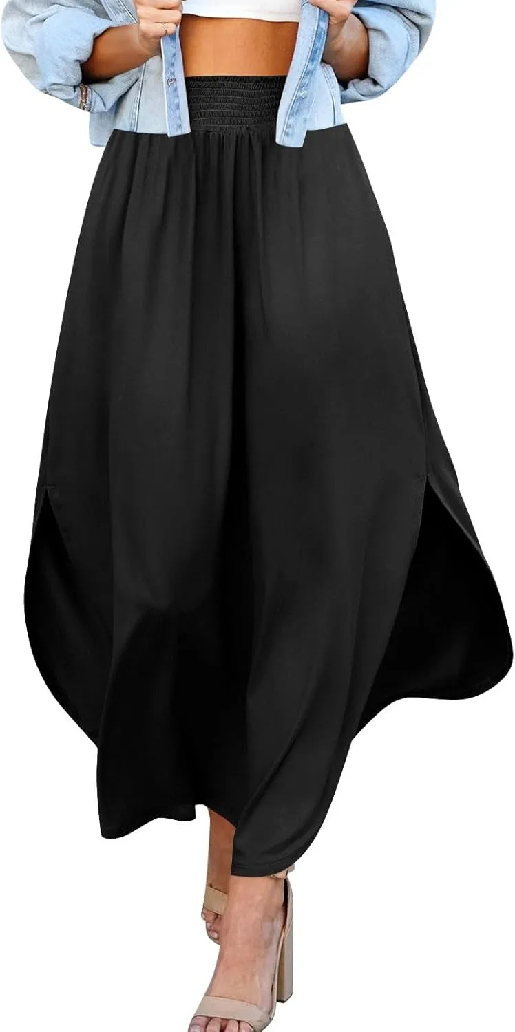 Women's Long Flowy Slit Skirt Elastic High Waisted A Line Maxi Skirts Trendy Beach Boho Skirt with Pockets