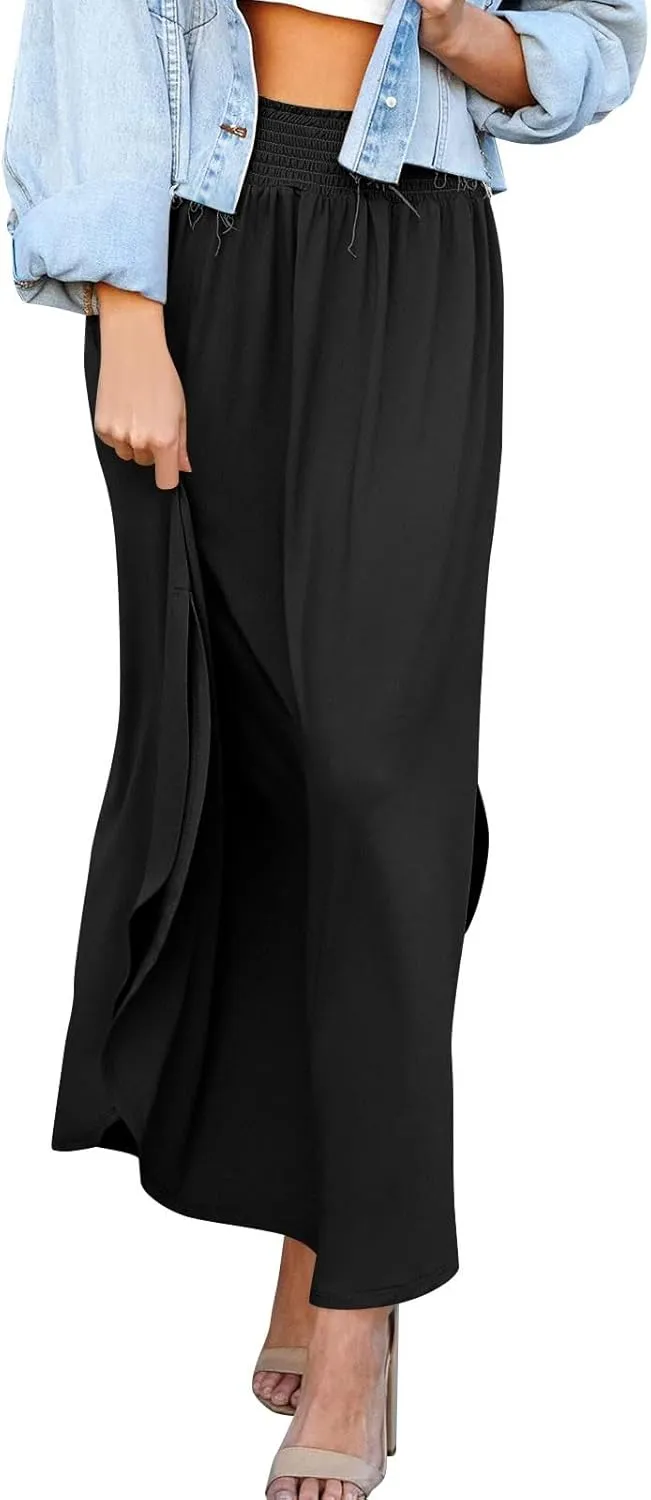 Women's Long Flowy Slit Skirt Elastic High Waisted A Line Maxi Skirts Trendy Beach Boho Skirt with Pockets