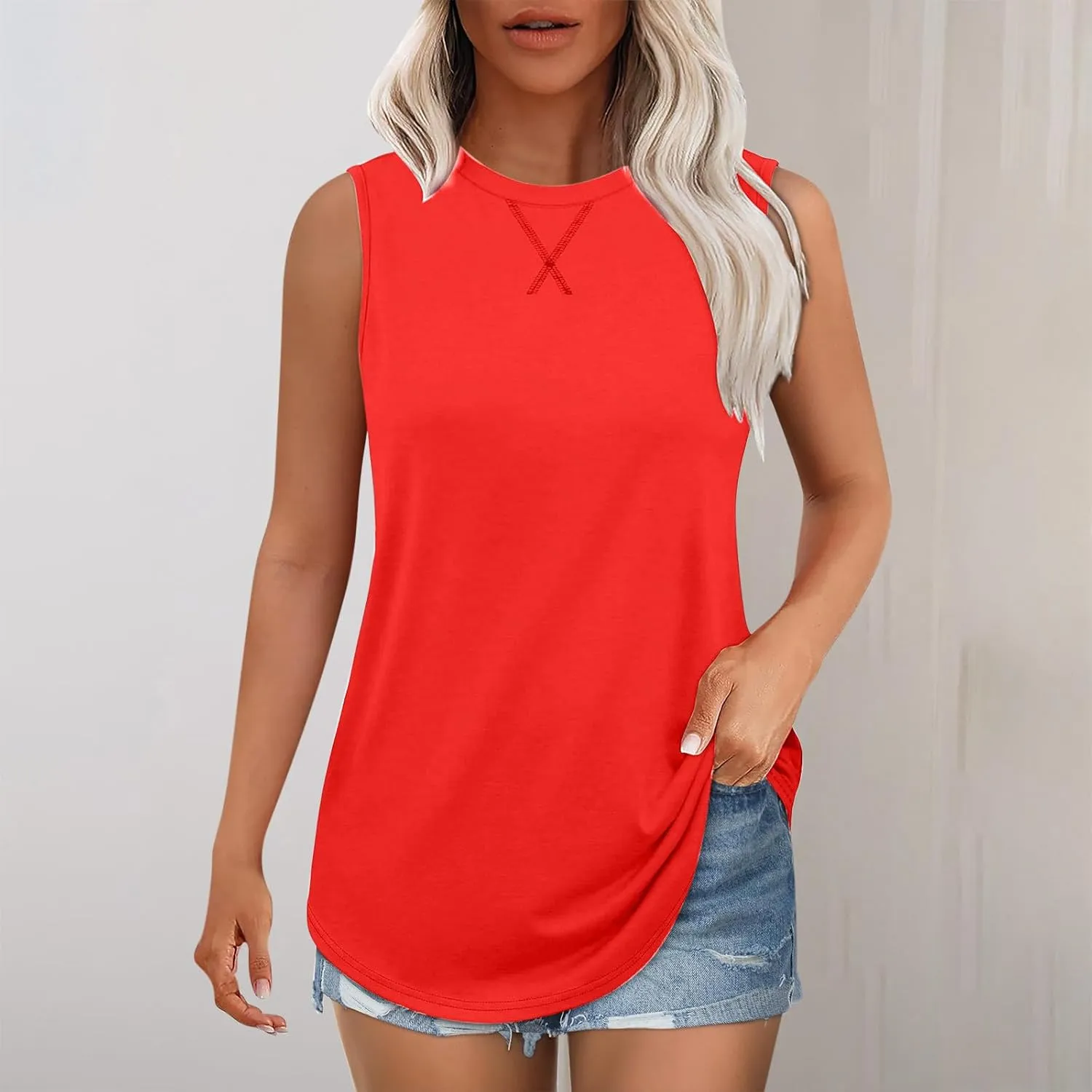 Womens Loose Fit Flowy Tank Tops Summer Casual Crew Neck Sleeveless Tshirts Trendy Tunic Blouse Clothes