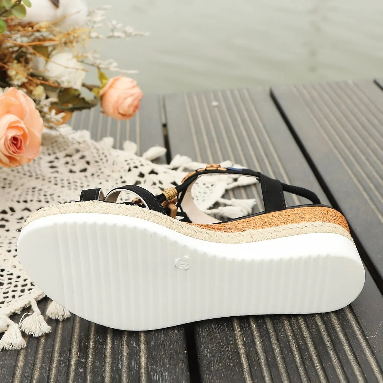 Womens Low Wedge Heels Sandals Wide Width Platform Bohemian Sandals Summer Dressy Casual Summer Beach Slides Elastic Ankle Strap Dress Shoes