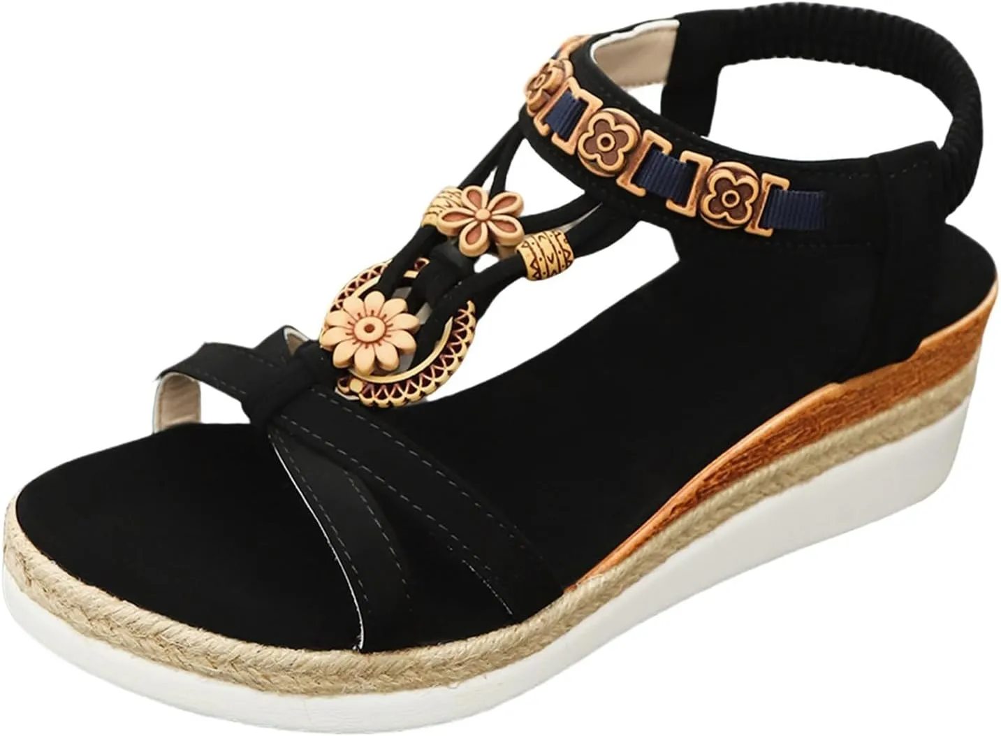 Womens Low Wedge Heels Sandals Wide Width Platform Bohemian Sandals Summer Dressy Casual Summer Beach Slides Elastic Ankle Strap Dress Shoes