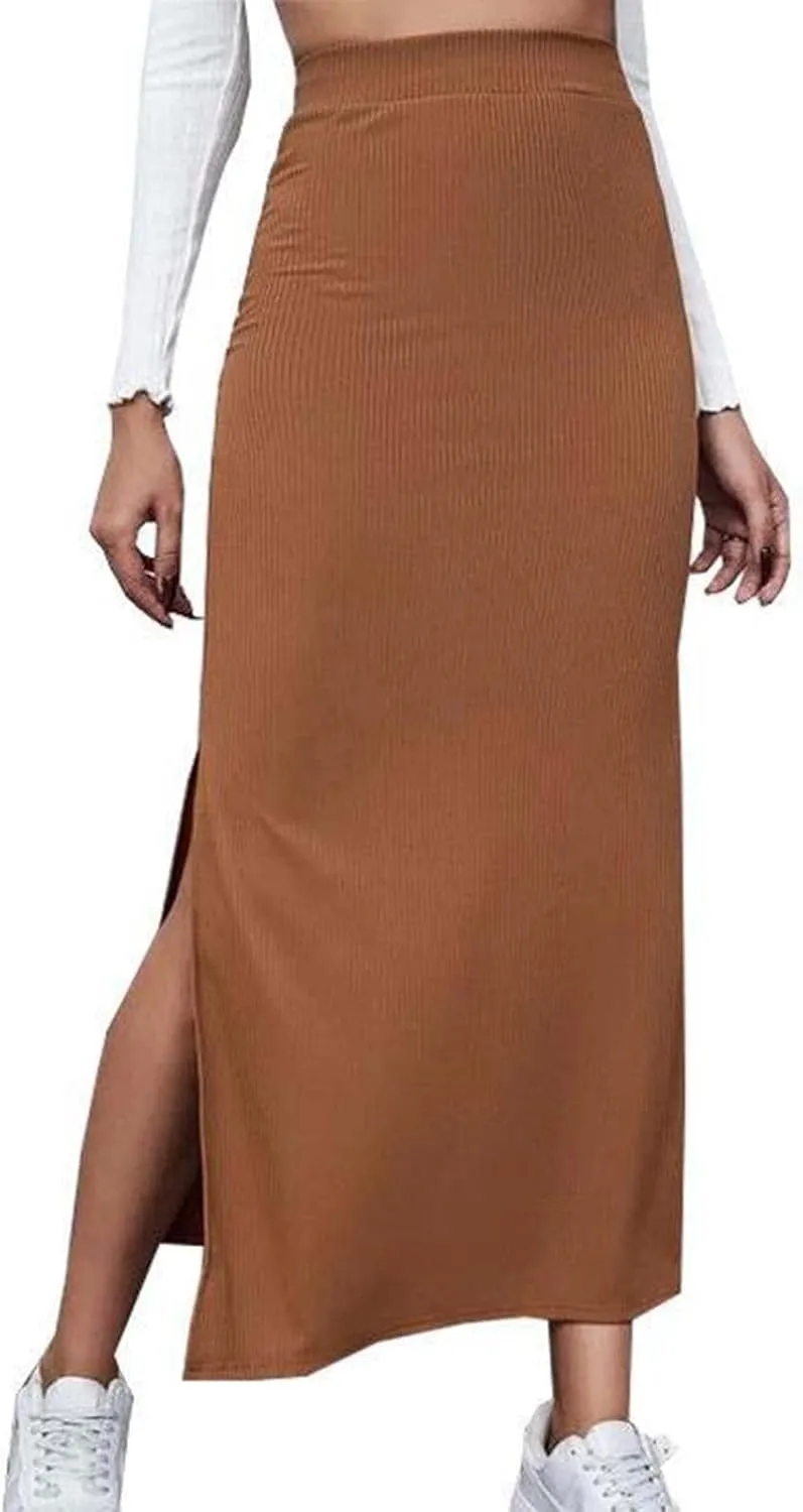Womens Maxi Skirt Summer Slim Fit Versatile Hip Skirt Elastic Wrapped Split Skirt Fashion Solid Office Work Skirts