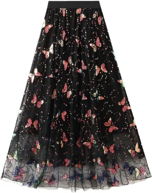 Womens Mesh Tulle Midi Skirt Pleated Layered Tutu Skirt Butterfly Sequin Fairy Skirts