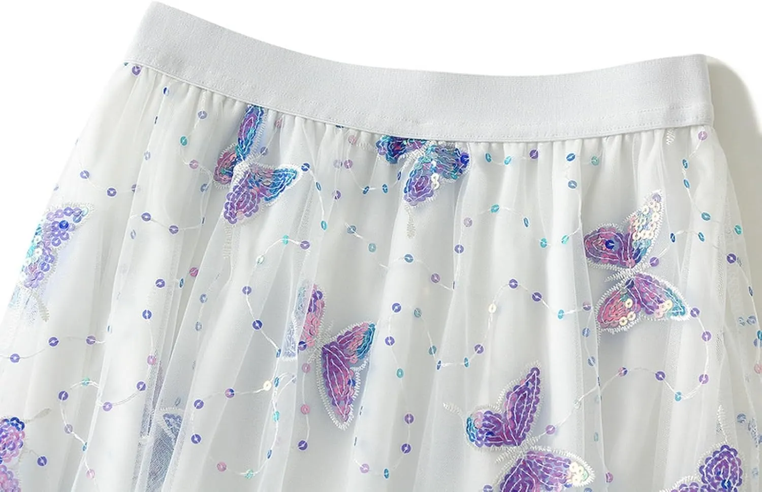 Womens Mesh Tulle Midi Skirt Pleated Layered Tutu Skirt Butterfly Sequin Fairy Skirts