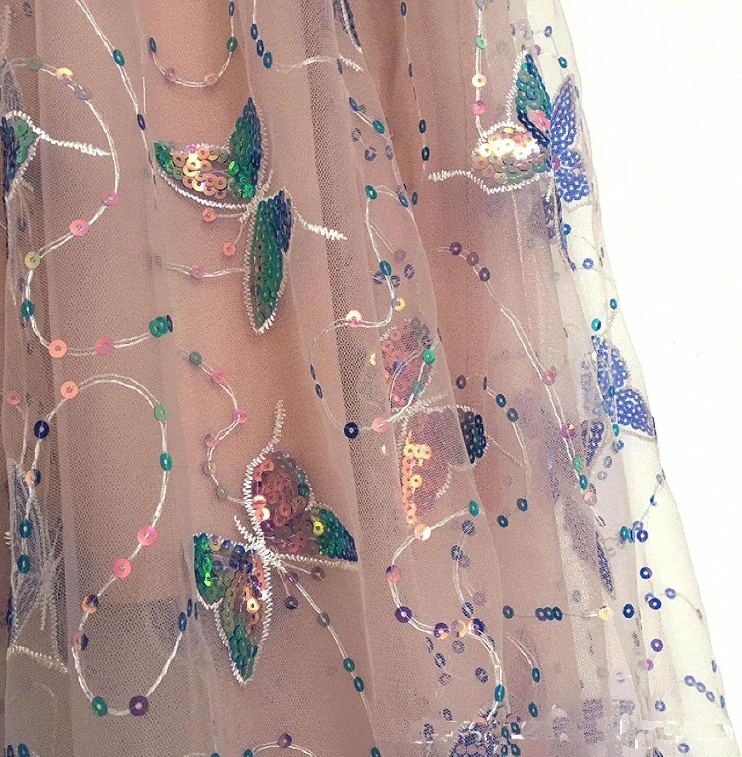 Womens Mesh Tulle Midi Skirt Pleated Layered Tutu Skirt Butterfly Sequin Fairy Skirts