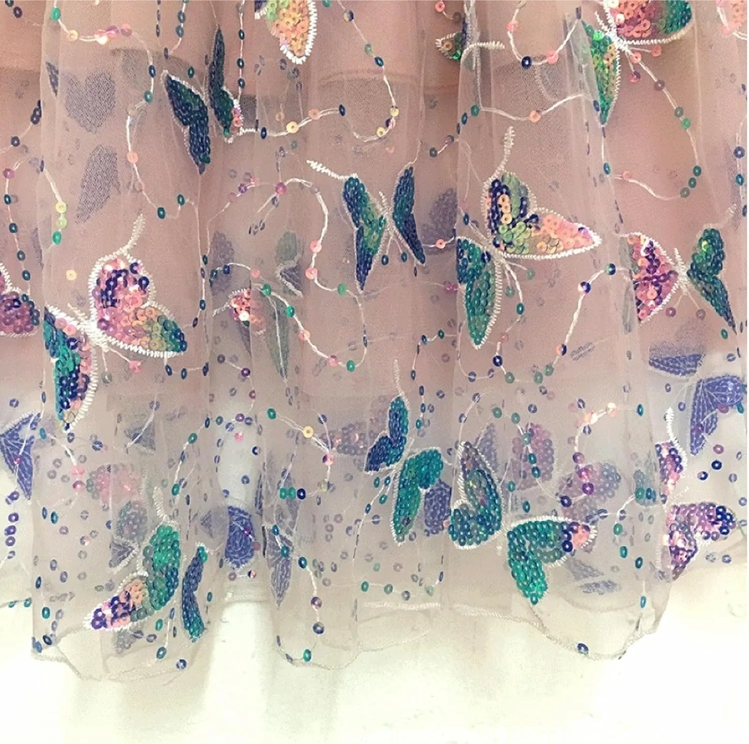 Womens Mesh Tulle Midi Skirt Pleated Layered Tutu Skirt Butterfly Sequin Fairy Skirts