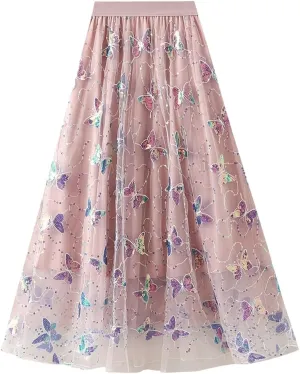 Womens Mesh Tulle Midi Skirt Pleated Layered Tutu Skirt Butterfly Sequin Fairy Skirts