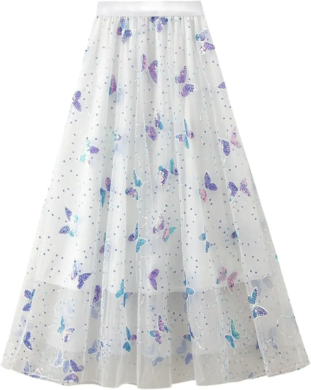 Womens Mesh Tulle Midi Skirt Pleated Layered Tutu Skirt Butterfly Sequin Fairy Skirts