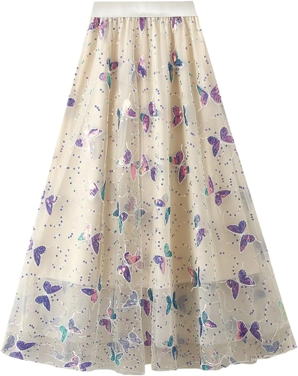Womens Mesh Tulle Midi Skirt Pleated Layered Tutu Skirt Butterfly Sequin Fairy Skirts