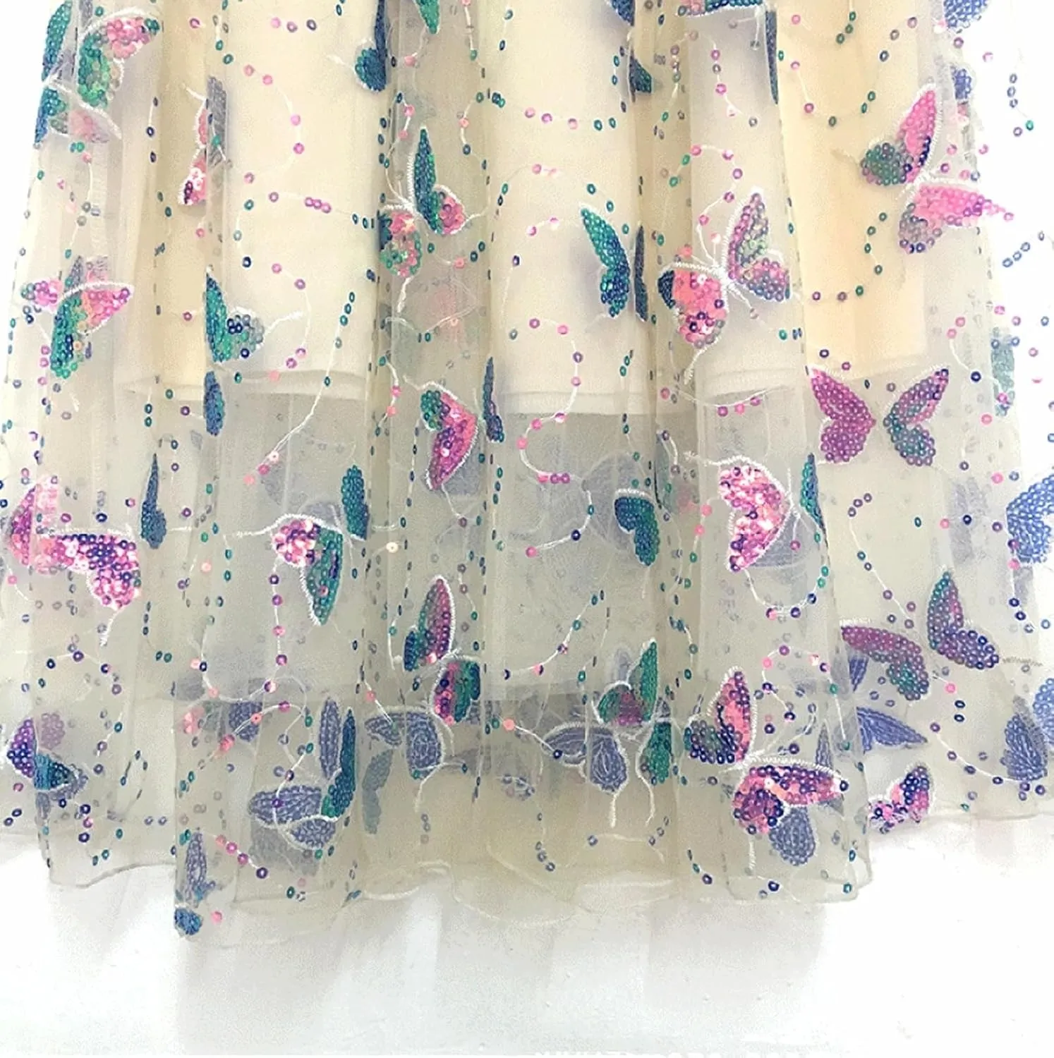 Womens Mesh Tulle Midi Skirt Pleated Layered Tutu Skirt Butterfly Sequin Fairy Skirts